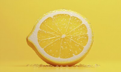 Juicy lemon slice glistening with water droplets, highlighting citrus texture and bright yellow background with vivid, crisp detail
