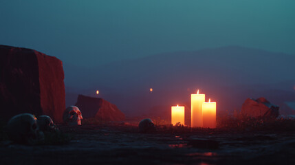 Mystical Evening with Candles and Skulls Amidst Rocks 