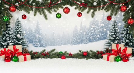 Festive christmas scene with gifts and decorations isolated on white background