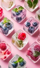 Frozen berry-filled ice cubes featuring raspberries, blueberries, redcurrants, mint sitting on vivid pink surface, presenting cool summer refreshment