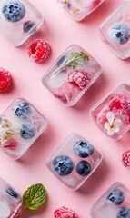 Frozen raspberries, blueberries, mint leaves and small white flowers are trapped inside ice cubes lying on a pink surface, creating a refreshing and colorful summer pattern