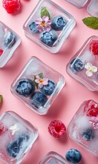 Frozen blueberries, raspberries, and delicate flowers suspended in crystal-clear ice cubes, resting on soft pink background, evoking summer cooling elegance
