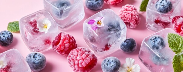 Berry-infused ice cubes floating against soft pink background, featuring vibrant raspberries, blueberries, and delicate white flower petals