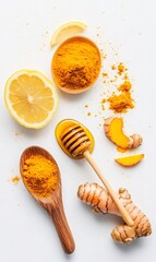Turmeric powder, root, honey, and lemon arranged as holistic healing ingredients combating inflammation and supporting immune health on pristine surface