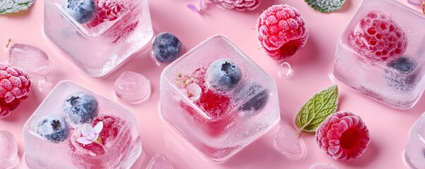 Blueberry-filled ice cubes resting on pink surface. Scattered raspberries, delicate flowers, mint leaves surrounding frozen crystal shards. Vibrant summer beverage concept