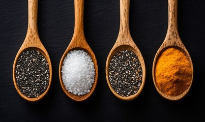 Wooden spoons holding turmeric, chia seeds, and coarse salt displayed from above on dark surface, highlighting natural culinary ingredients