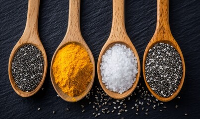 Wooden spoons displaying chia seeds, turmeric, and coarse salt on dark background, showcasing natural culinary ingredients with earthy tones