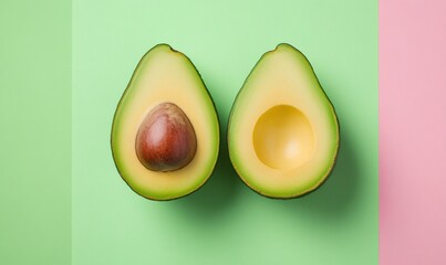 Halved ripe avocado with seed on green-pink backdrop, displaying smooth texture and vibrant color contrast between fruit and background