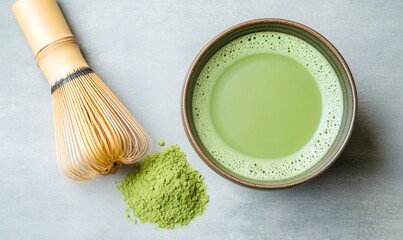 Whisking matcha green tea powder with traditional bamboo chasen, preparing authentic japanese ceremonial drink highlighting cultural tea ritual