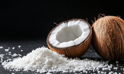 Grated coconut flakes scattered across dark surface, whole coconut and halved kernel exposing creamy interior, showcasing tropical ingredient's textural diversity