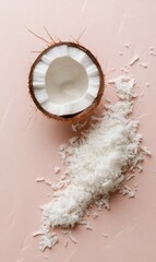Halved coconut revealing creamy white interior, surrounded by scattered grated coconut shavings on soft pink textured surface