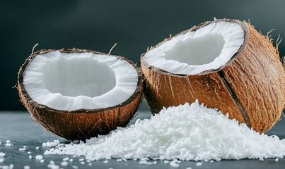Halved coconut resting on grated coconut kernels, revealing tropical fruit's rich texture and fresh interior