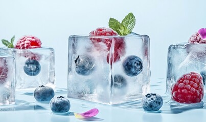 Translucent ice cubes trapping vibrant raspberries, blueberries, and mint leaves melting on pastel blue background, scattering frozen fruit fragments