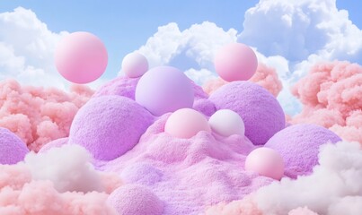 Pastel spheres hovering above soft, cotton-like terrain with fluffy pink clouds drifting across azure sky, evoking whimsical, dreamlike visual landscape