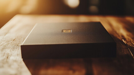 Close-up of a sleek custom branded package on a wooden table, embossed logo glinting in warm light