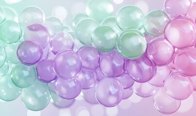 Pastel abstract background featuring glossy, iridescent bubbles blending seamlessly through soft green and vibrant purple color gradients