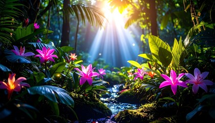 Lush jungle scene with flowers and sunlight