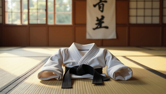 Authentic karate tatami with gi and belt (obi) folded traditionally in the corner — ideal for martial arts, dojo promotions, or tournament designs.