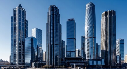 Obraz premium A captivating view of a modern city skyline with towering skyscrapers reaching towards the sky, showcasing impressive architecture and urban development