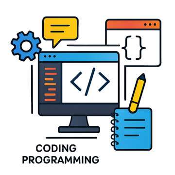 Coding and programming concept with computer screen and code symbols