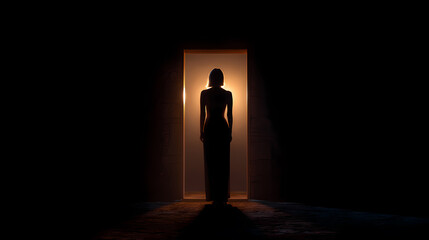 Obraz premium Mysterious silhouette: A solitary figure, their form silhouetted against a warm, inviting light, stands poised within an open doorway. The contrast of shadow and light.