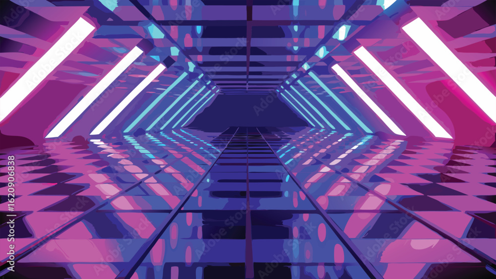 Poster futuristic perspective tunnel illuminated with neon lights reflecting on a surface