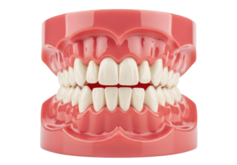 Dental model of human teeth and gums with closed bite isolated on white background
