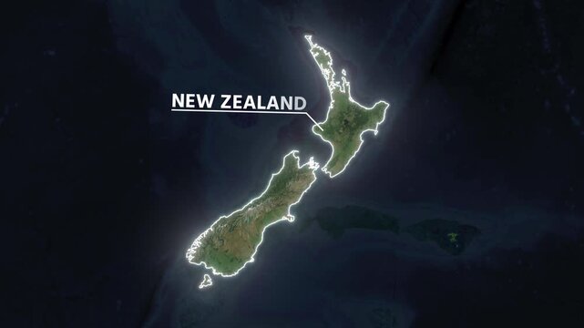 Zoom from Earth to New Zealand. Glow outline map animation satellite view with highlighted country borders. Cinematic documentary 3d world map animation highlights aerial views, and travel. 4k