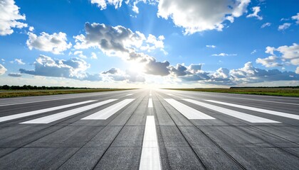 Fototapeta premium Runway Perspective: Bright Sun Illuminates Airport's Striking White Lines and Sky