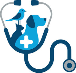 A stethoscope with a bird cat and dog inside the head of the stethoscope on a white background
