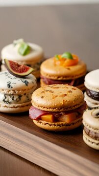 Assortment of gourmet savory macarons on a wooden tray. Creative French pastries with various fillings like cheese, meat, and mushrooms.