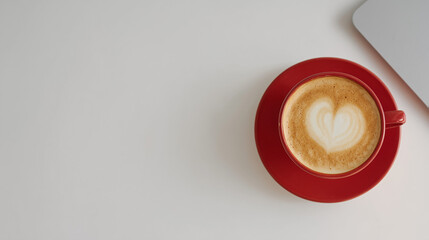 Red Mug of Latte with Heart Design on Saucer Next to Laptop