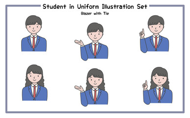 制服姿の学生 イラストセット2-2 (ジャケット&ネクタイ) / Student in Uniform, Character Pose Set