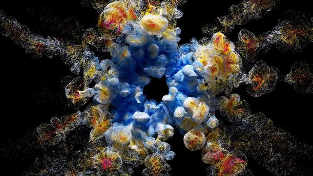 3d render of abstract art video animation with explosive smoke structure based on small balls spheres sand particles in yellow gold  and azure blue gradient color on isolated black background