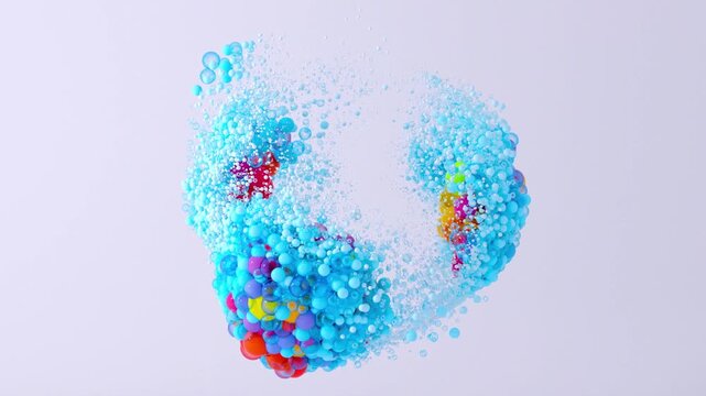 3d render of abstract art video animation of surreal sphere ball based on small balls spheres molecular particles in transformation deformation process in mixed rainbow gradient color on light grey