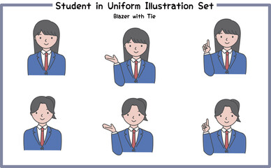 制服姿の学生 イラストセット2-5 (ジャケット&ネクタイ) / Student in Uniform, Character Pose Set