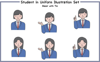 制服姿の学生 イラストセット2-1 (ジャケット&ネクタイ) / Student in Uniform, Character Pose Set