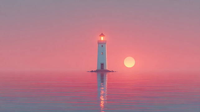 Towering beacon guiding ships through tranquil pink ocean sunset lighthouse water - Powered by Adobe