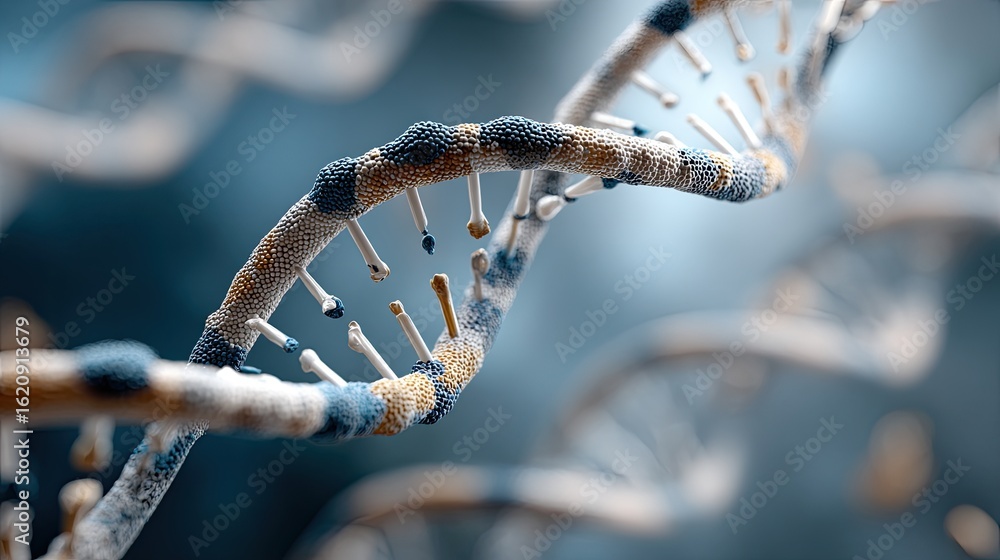 Poster close-up of a dna double helix showcases intricate strands and textured patterns, emphasizing the be