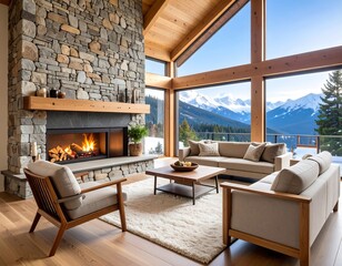 Modern log cabin living room with mountain view