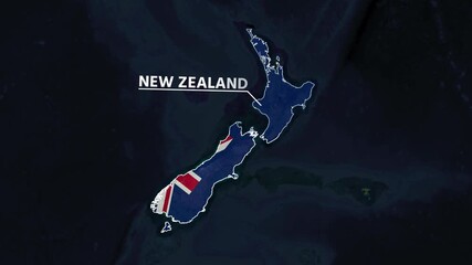 Zoom from Earth to New Zealand. (Country Flag) World map animation with highlighted country borders. Satellite 3d world map animation highlights aerial views, tourism, and travel. 4k