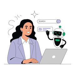 Futuristic AI chatbot assistant helping a professional woman with an online search on a laptop. Modern technology concept illustration.
