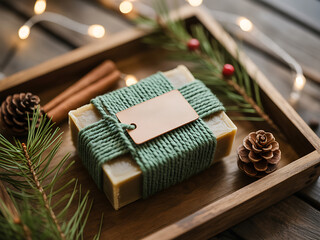 Rustic holiday present with green knit ribbon and gift tag on wooden tray with pine cones