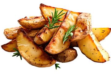 Golden baked potato wedges with rosemary isolated on transparent background.
