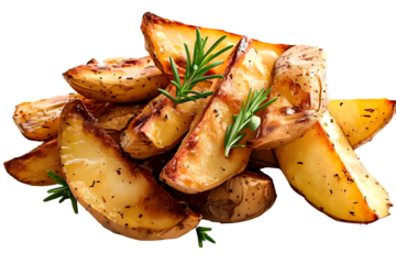 Golden baked potato wedges with rosemary isolated on transparent background.