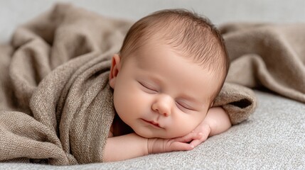 Beautiful newborn baby rests soundly, wrapped in a cozy beige blanket, exuding innocence and peacefulness in soft, warm light