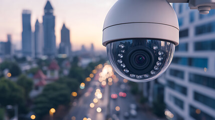 CCTV security camera overlooking the city at dusk. Surveillance tech providing safety and vigilance. Protecting urban spaces with advanced technology.