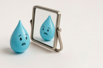 A sad drop of water looks at itself in the mirror. Space for text.