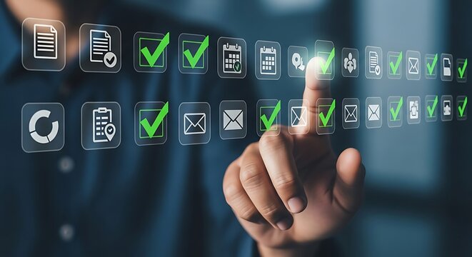 A digital checklist interface with a hand selecting completed tasks, symbolizing business process automation, efficiency, and digital transformation for enhanced productivity