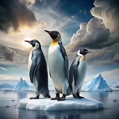 Obraz premium Three penguins standing on an ice floe in antarctica with a cloudy sky